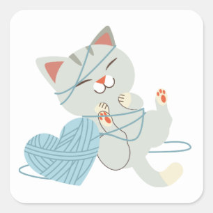 Cute Hello Love Grey Kitty Kitten Cartoon Cat Square Sticker