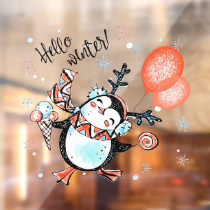 Cute Hello Winter Happy Penguin Reindeer Antlers