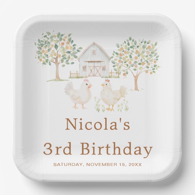 Cute Hens Farm Barn Birthday Party Paper Plate (Front)
