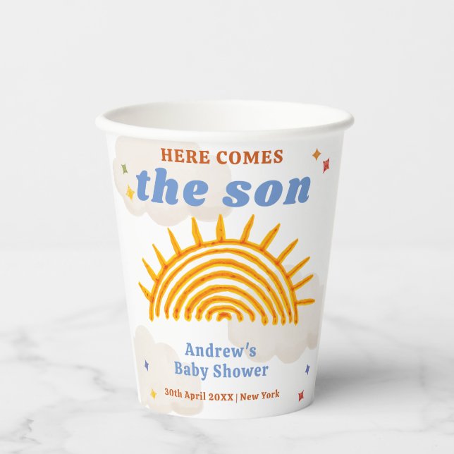 Cute Here Comes The Son Sunshine Baby Shower  Paper Cups (Front)