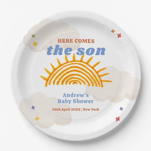 Cute Here Comes The Son Sunshine Baby Shower  Paper Plate (Front)