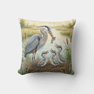 Cute Heron Mama And Chicks River and Lake Animals Cushion