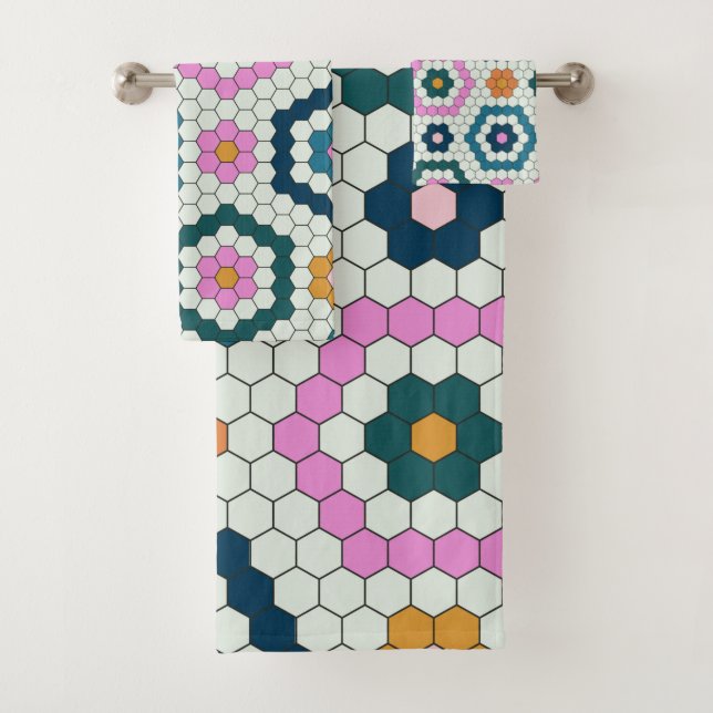Cute Hexagon Shapes Tile Pattern Retro Teal Pink  Bath Towel Set (Insitu)