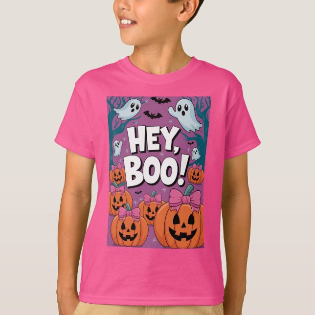 Cute Hey Boo Funny Ghost Halloween T-Shirt (Front)