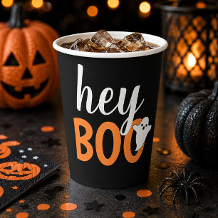 Cute Hey Boo Ghost Black and Orange Paper Cups