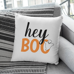 Cute Hey Boo Orange Ghost White Halloween Cushion