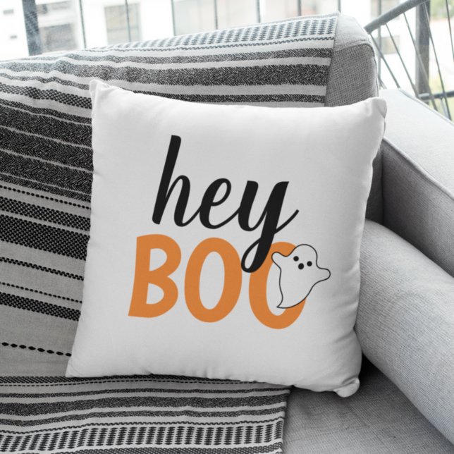 Cute Hey Boo Orange Ghost White Halloween Cushion (Creator Uploaded)