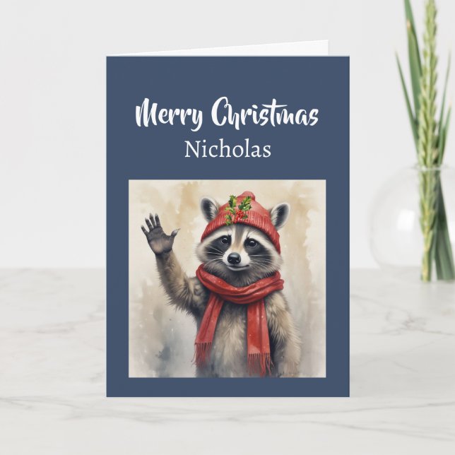 Cute Hi & Merry Christmas Cute Raccoon Animal Holiday Card (Front)
