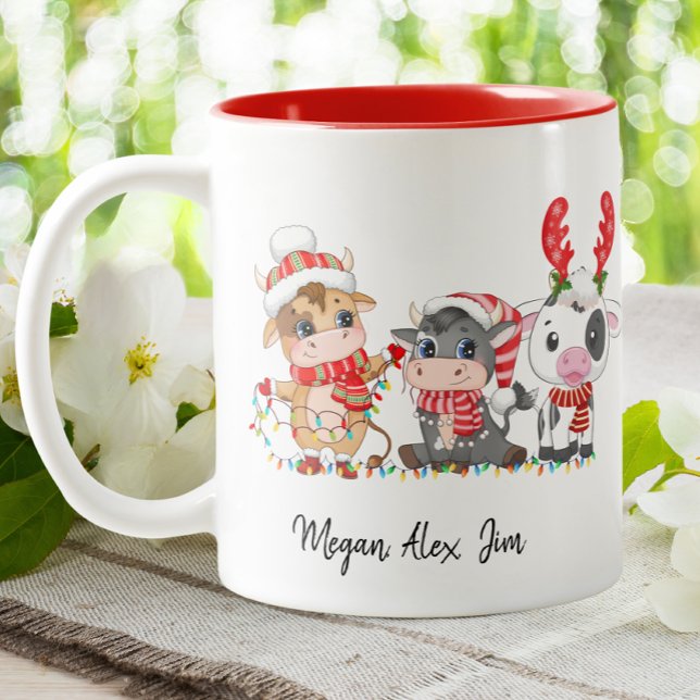 Cute Highland 3 Cows Calf Christmas Santa Hat Two-Tone Coffee Mug (Creator Uploaded)