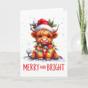 Cute Highland Baby Cow Christmas Lights Merry & Card