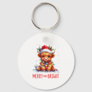 Cute Highland Baby Cow Christmas Lights Merry & Key Ring