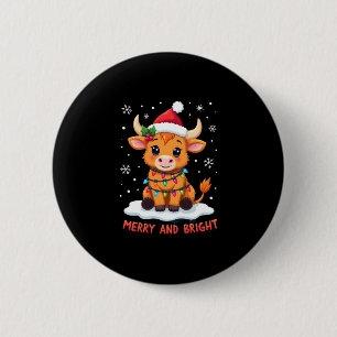 Cute Highland Baby Cow Christmas Lights Merry & Br 6 Cm Round Badge