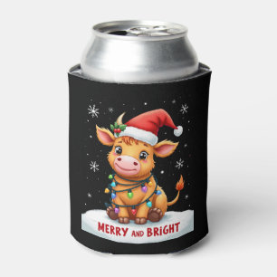 Cute Highland Baby Cow Christmas Lights Merry & Br Can Cooler