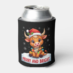 Cute Highland Baby Cow Christmas Lights Merry & Br Can Cooler