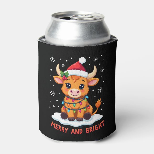 Cute Highland Baby Cow Christmas Lights Merry & Br Can Cooler (Can Front)