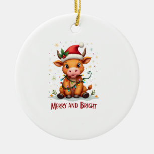 Cute Highland Baby Cow Christmas Lights Merry & Br Ceramic Tree Decoration