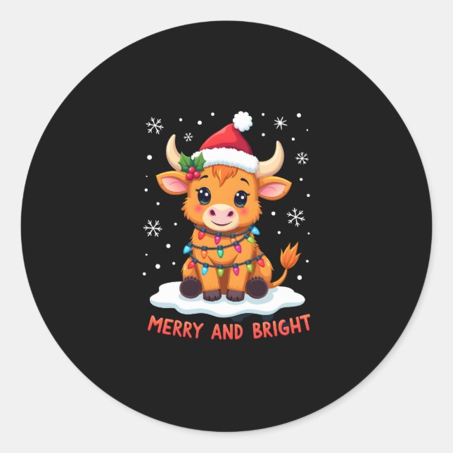 Cute Highland Baby Cow Christmas Lights Merry & Br Classic Round Sticker (Front)