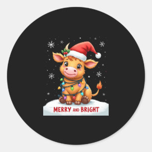 Cute Highland Baby Cow Christmas Lights Merry & Br Classic Round Sticker