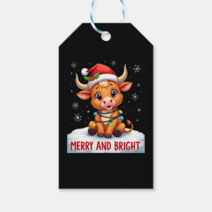 Cute Highland Baby Cow Christmas Lights Merry & Br Gift Tags