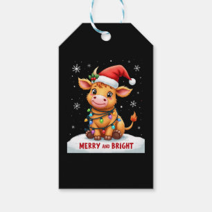 Cute Highland Baby Cow Christmas Lights Merry & Br Gift Tags