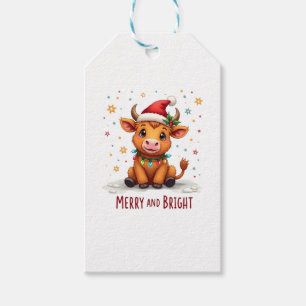 Cute Highland Baby Cow Christmas Lights Merry & Br Gift Tags