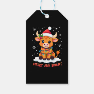 Cute Highland Baby Cow Christmas Lights Merry & Br Gift Tags