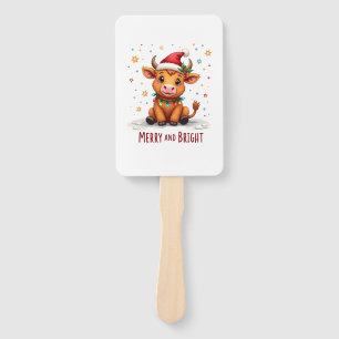 Cute Highland Baby Cow Christmas Lights Merry & Br Hand Fan