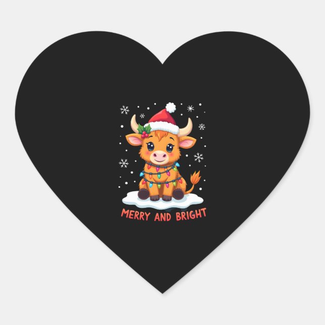 Cute Highland Baby Cow Christmas Lights Merry & Br Heart Sticker (Front)