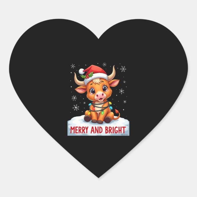 Cute Highland Baby Cow Christmas Lights Merry & Br Heart Sticker (Front)