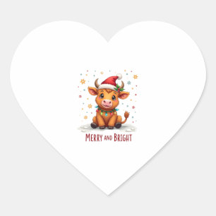 Cute Highland Baby Cow Christmas Lights Merry & Br Heart Sticker