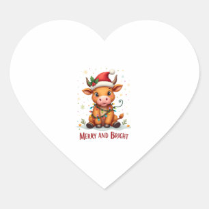 Cute Highland Baby Cow Christmas Lights Merry & Br Heart Sticker