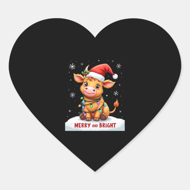 Cute Highland Baby Cow Christmas Lights Merry & Br Heart Sticker (Front)