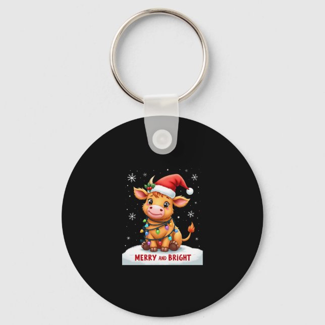 Cute Highland Baby Cow Christmas Lights Merry & Br Key Ring (Front)