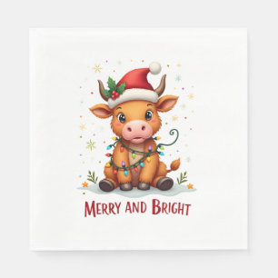 Cute Highland Baby Cow Christmas Lights Merry & Br Napkin