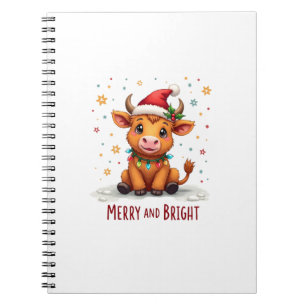 Cute Highland Baby Cow Christmas Lights Merry & Br Notebook