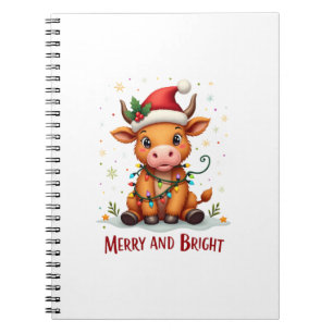Cute Highland Baby Cow Christmas Lights Merry & Br Notebook
