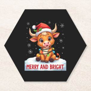 Cute Highland Baby Cow Christmas Lights Merry & Br Paper Coaster