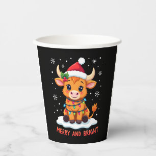 Cute Highland Baby Cow Christmas Lights Merry & Br Paper Cups