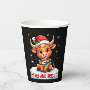 Cute Highland Baby Cow Christmas Lights Merry & Br Paper Cups