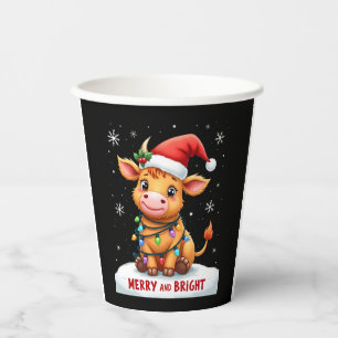 Cute Highland Baby Cow Christmas Lights Merry & Br Paper Cups