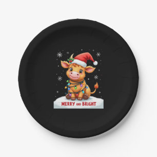 Cute Highland Baby Cow Christmas Lights Merry & Br Paper Plate
