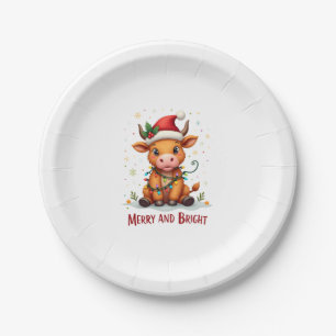 Cute Highland Baby Cow Christmas Lights Merry & Br Paper Plate