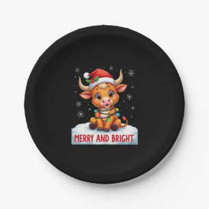 Cute Highland Baby Cow Christmas Lights Merry & Br Paper Plate
