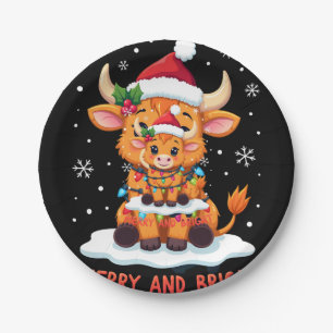 Cute Highland Baby Cow Christmas Lights Merry & Br Paper Plate