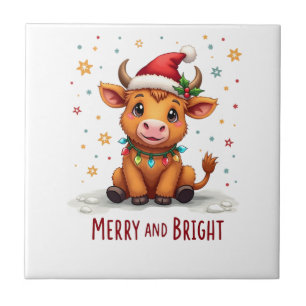 Cute Highland Baby Cow Christmas Lights Merry & Br Tile