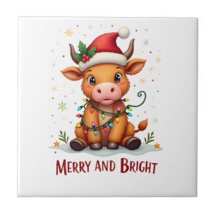 Cute Highland Baby Cow Christmas Lights Merry & Br Tile