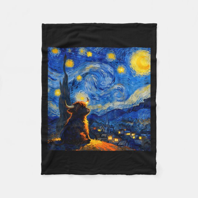 Cute Highland Baby Cow Graphic Van Gogh Style Star Fleece Blanket (Front)