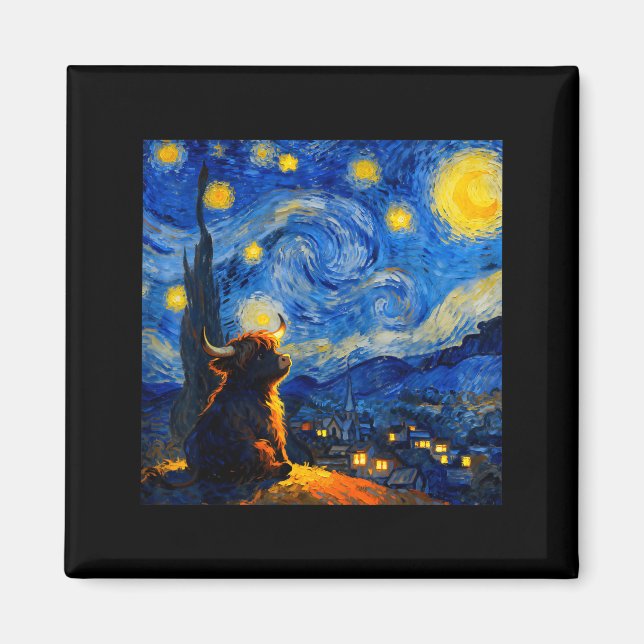 Cute Highland Baby Cow Graphic Van Gogh Style Star Magnet (Front)