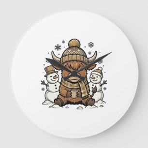 Cute Highland Calf Snowman Winter Shirt Design_1 Large Clock