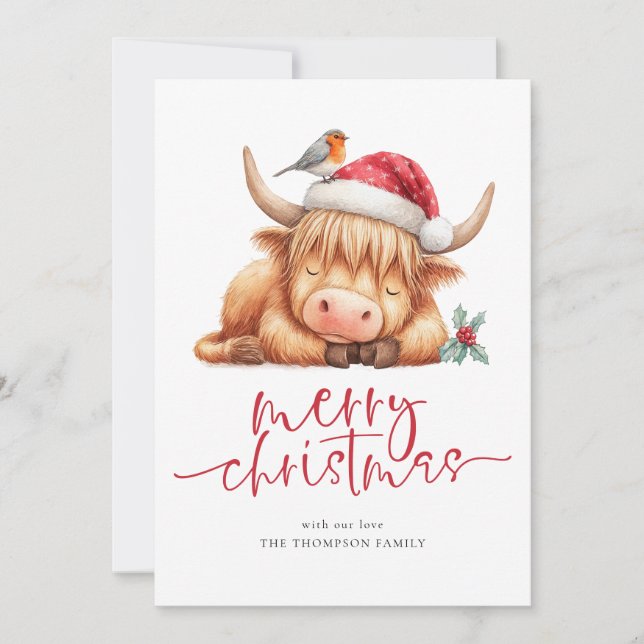 Cute Highland Cow 2026 Calendar Merry Christmas Holiday Card (Front)